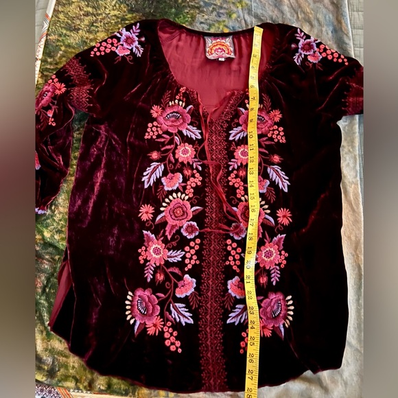 Johnny Was Marcella Burgundy Silk Velvet 3/4 Sleeve Peasant Style Top, S - Picture 10 of 12